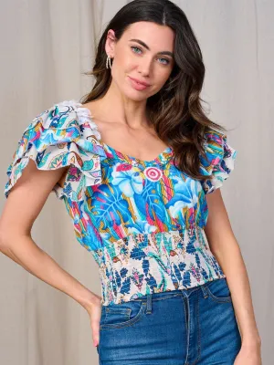 WOMEN'S SHORT RUFFLE SLEEVE SMOCK EMBROIDERY FLORAL TOP