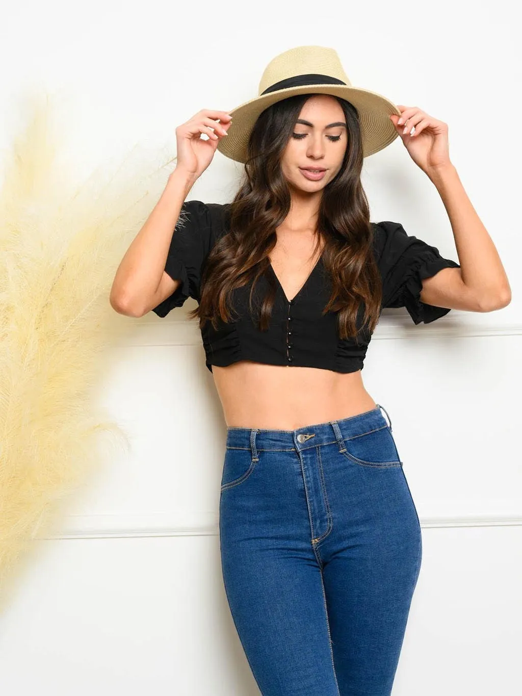 WOMEN'S SHORT SLEEVE BUTTON DOWN CROP TOP