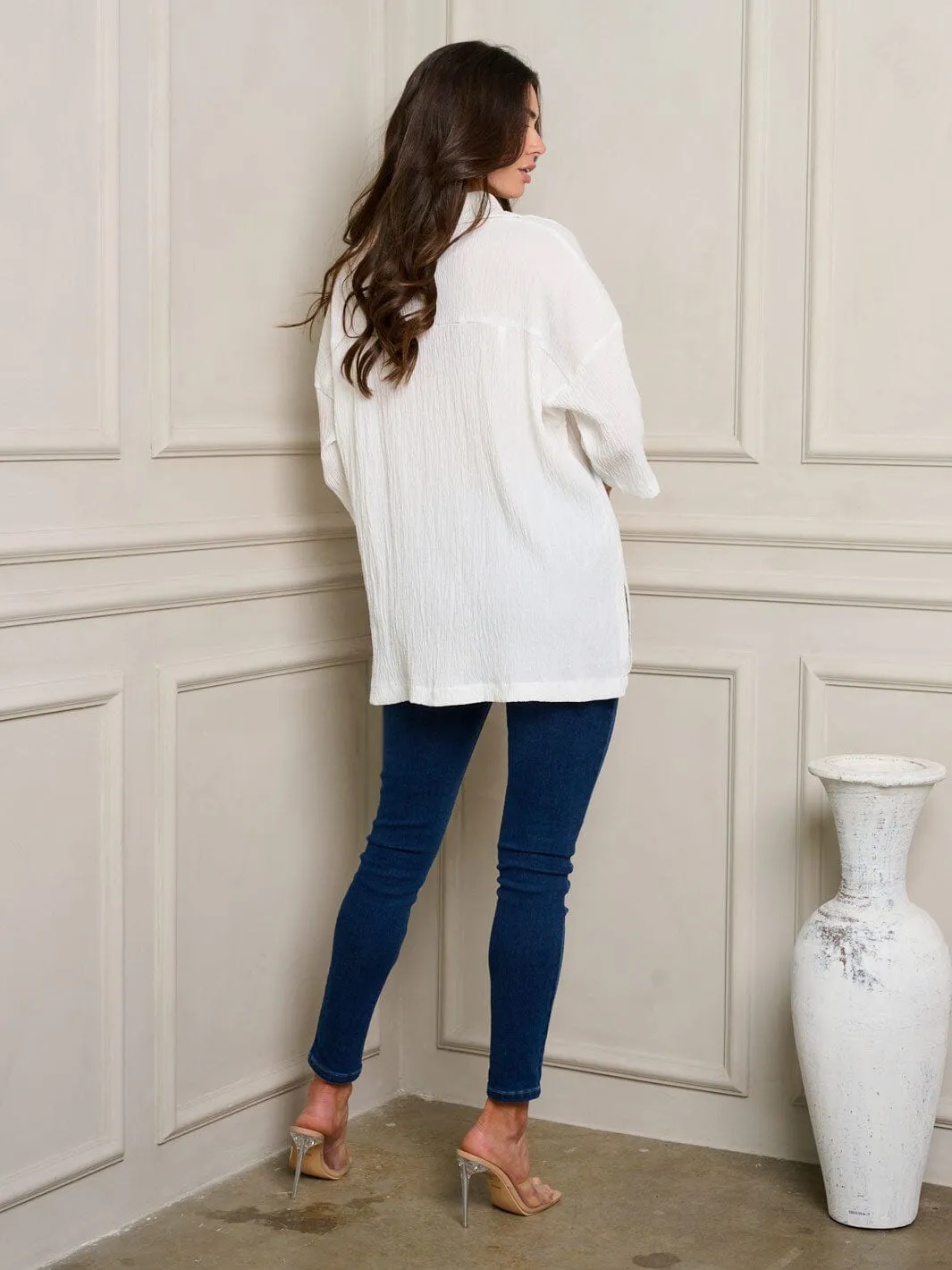 WOMEN'S SHORT SLEEVE BUTTON UP OVERSIZE TOP