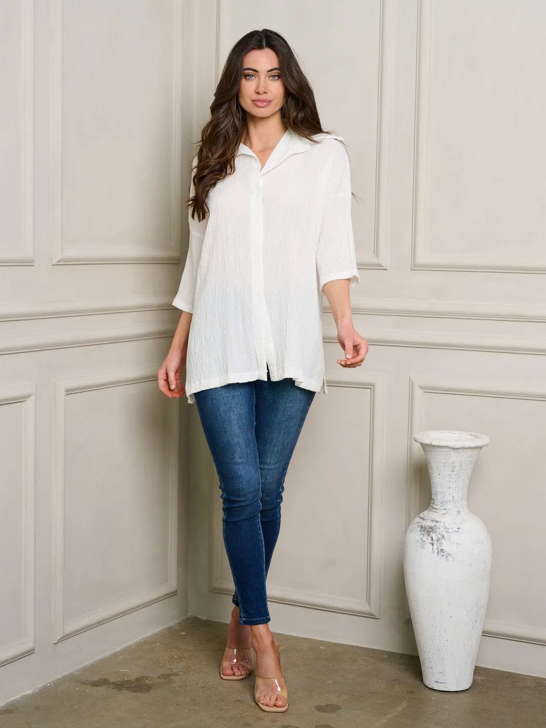 WOMEN'S SHORT SLEEVE BUTTON UP OVERSIZE TOP
