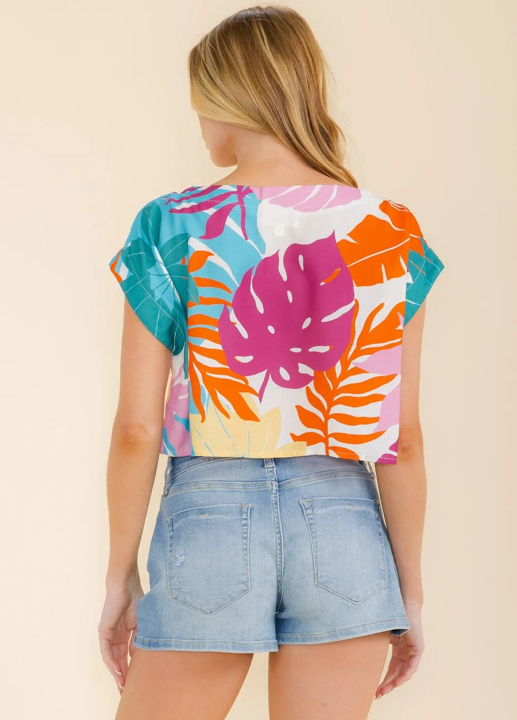 WOMEN'S SHORT SLEEVE LEAF PRINT CROP TOP