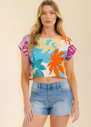 WOMEN'S SHORT SLEEVE LEAF PRINT CROP TOP