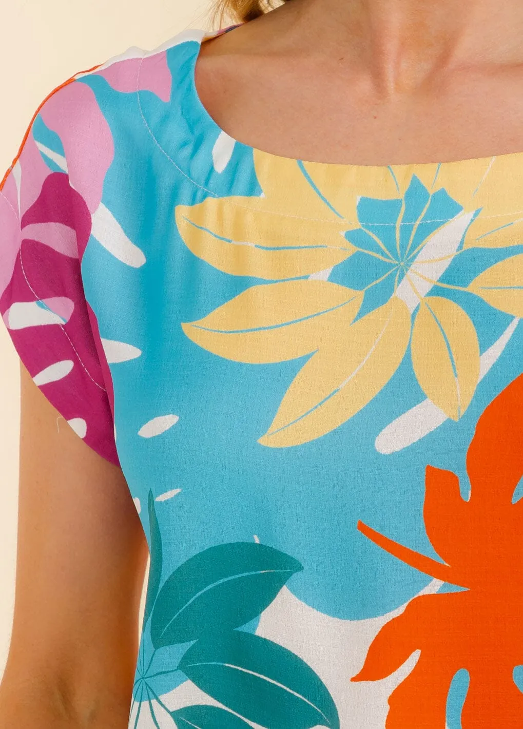 WOMEN'S SHORT SLEEVE LEAF PRINT CROP TOP