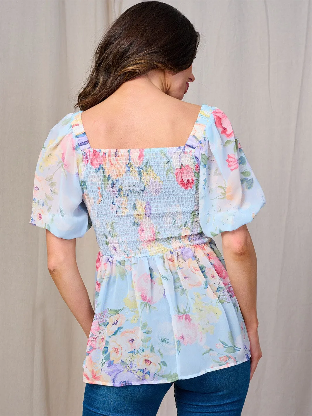 WOMEN'S SHORT SLEEVE SQUARE NECK SMOCK FLORAL BLOUSE