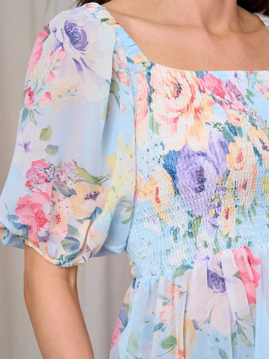 WOMEN'S SHORT SLEEVE SQUARE NECK SMOCK FLORAL BLOUSE