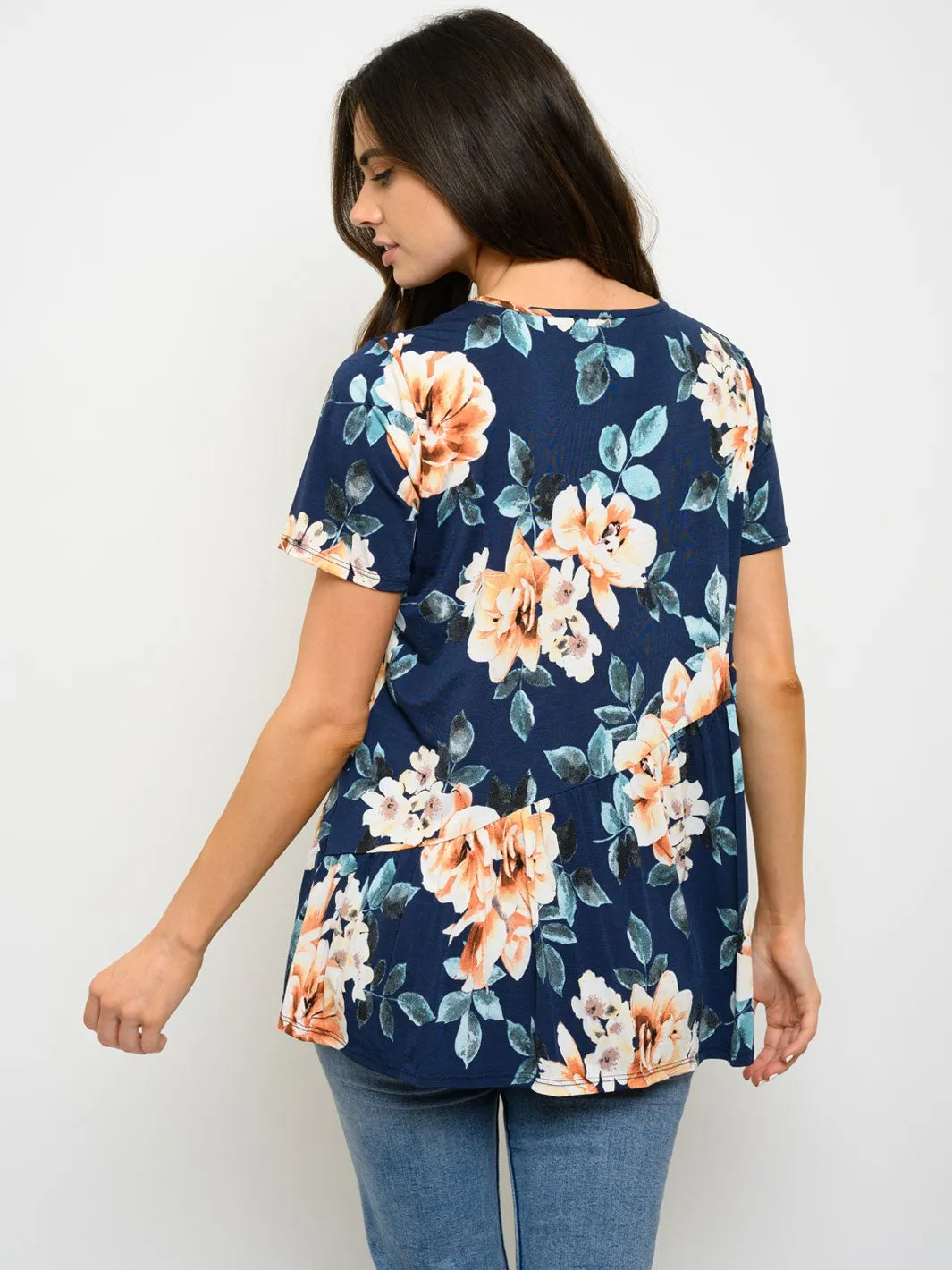 WOMEN'S SHORT SLEEVE TUNIC FLORAL TOP