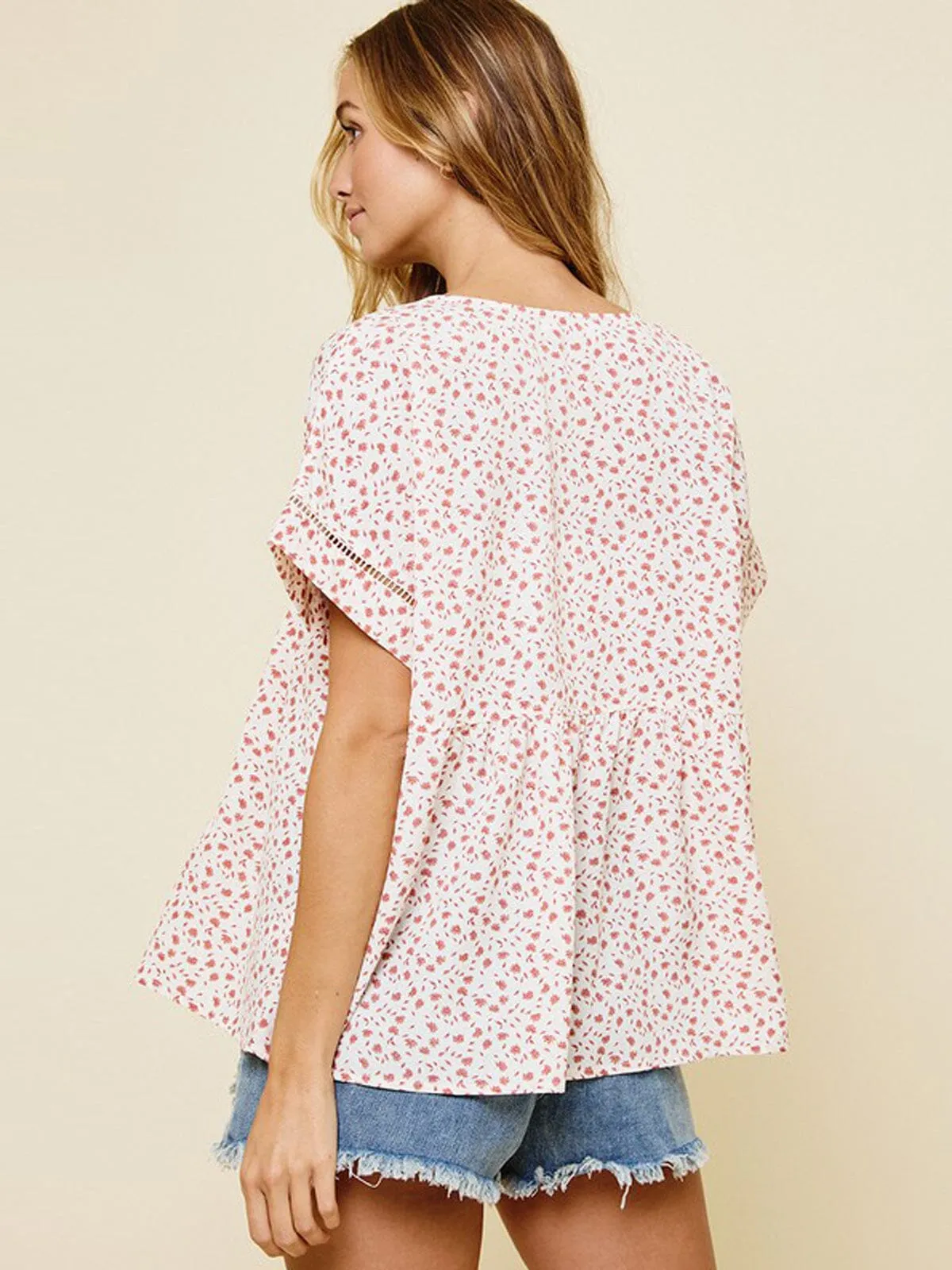 WOMEN'S SHORT SLEEVE V-NECK FLORAL BABYDOLL TOP