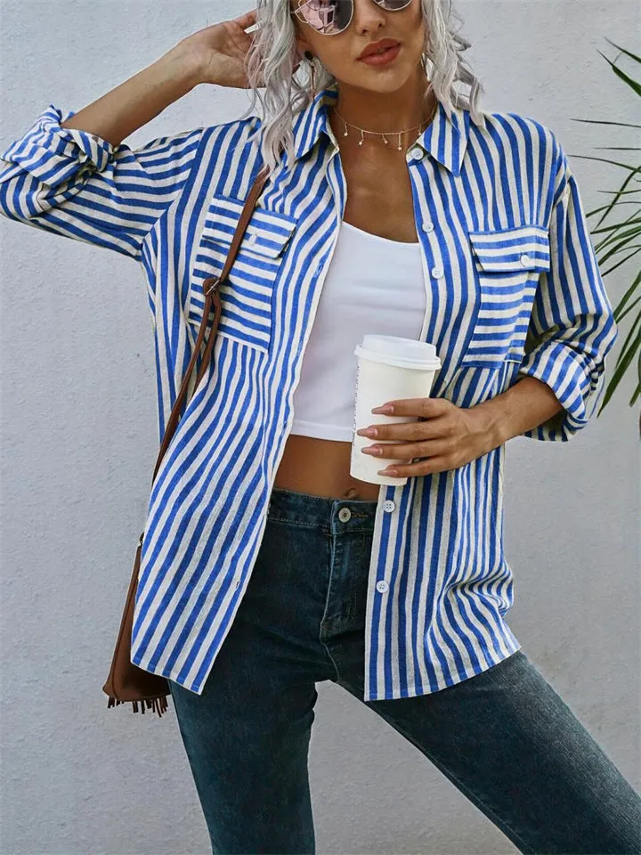 Women's Summer Holiday Striped Button Lapel Blouse