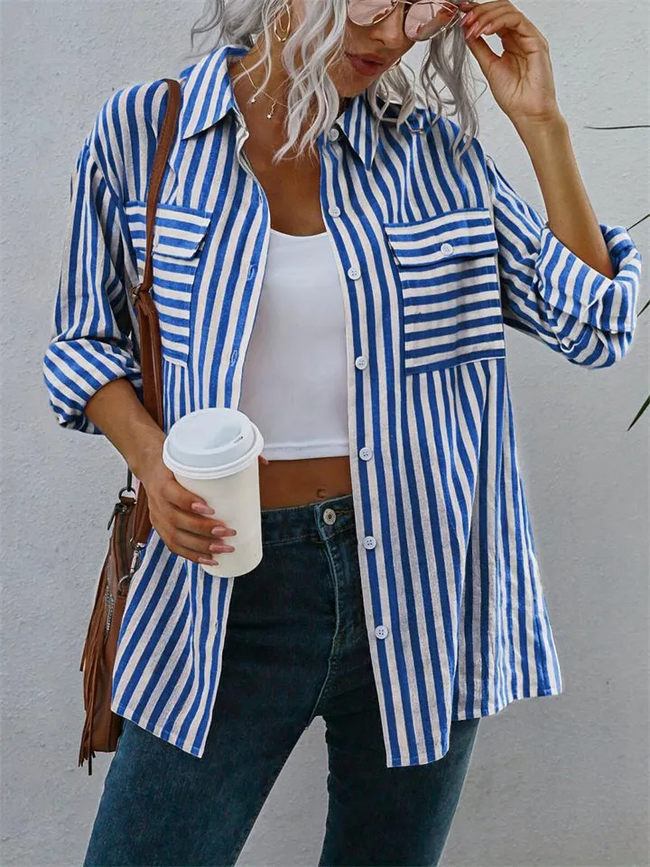 Women's Summer Holiday Striped Button Lapel Blouse
