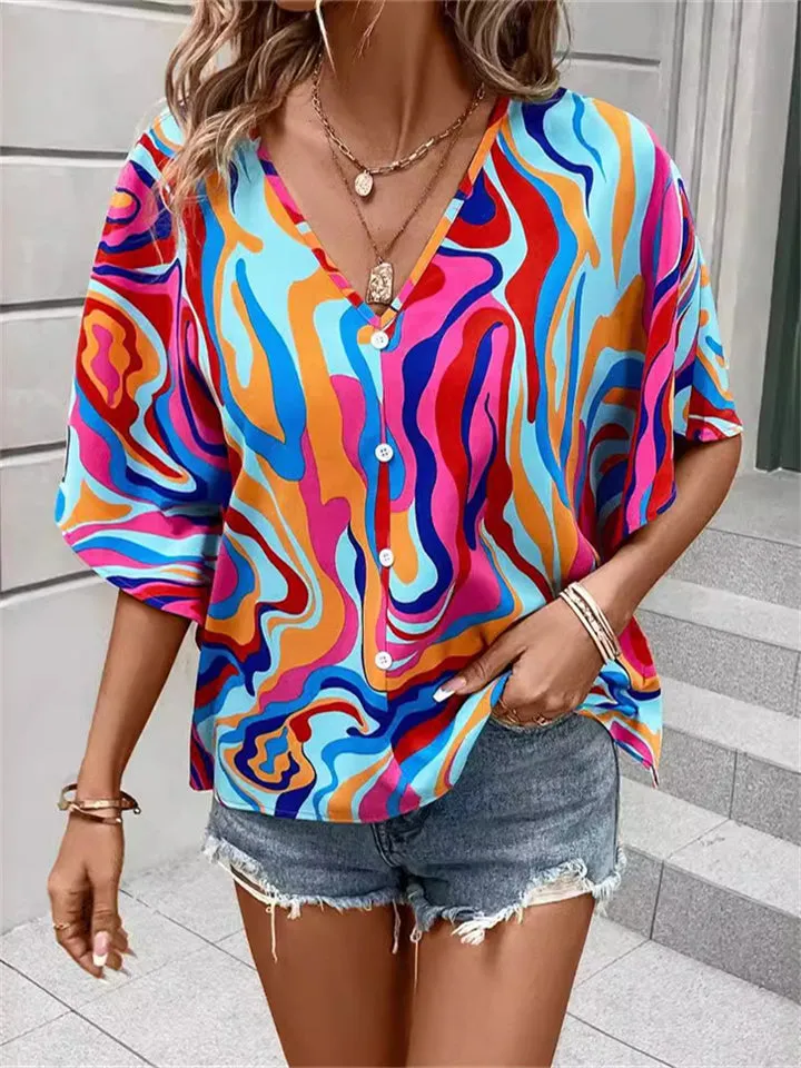 Women's V-Neck Batwing Sleeve Ethnic Floral Printed Blouse