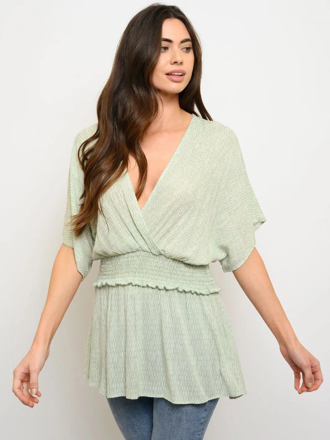 WOMEN'S V-NECK RUCHED TUNIC SHORT SLEEVE TOP