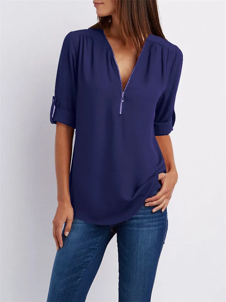 Women's V-neck Zipper Chiffon Shirts