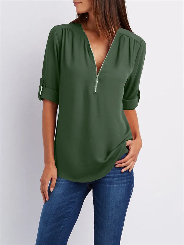 Women's V-neck Zipper Chiffon Shirts