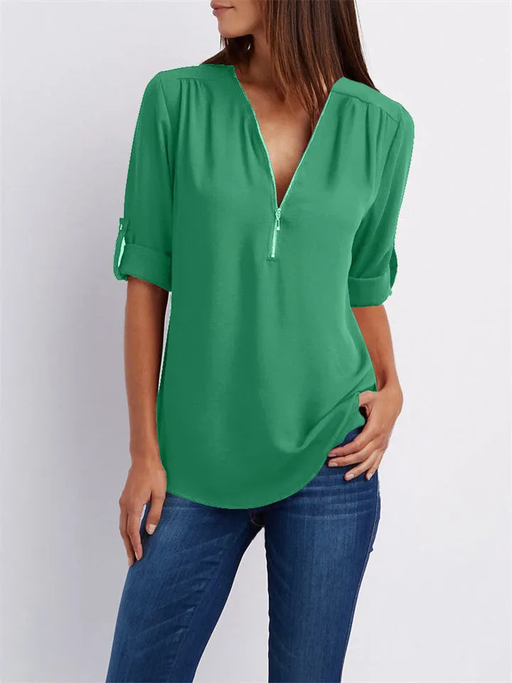 Women's V-neck Zipper Chiffon Shirts