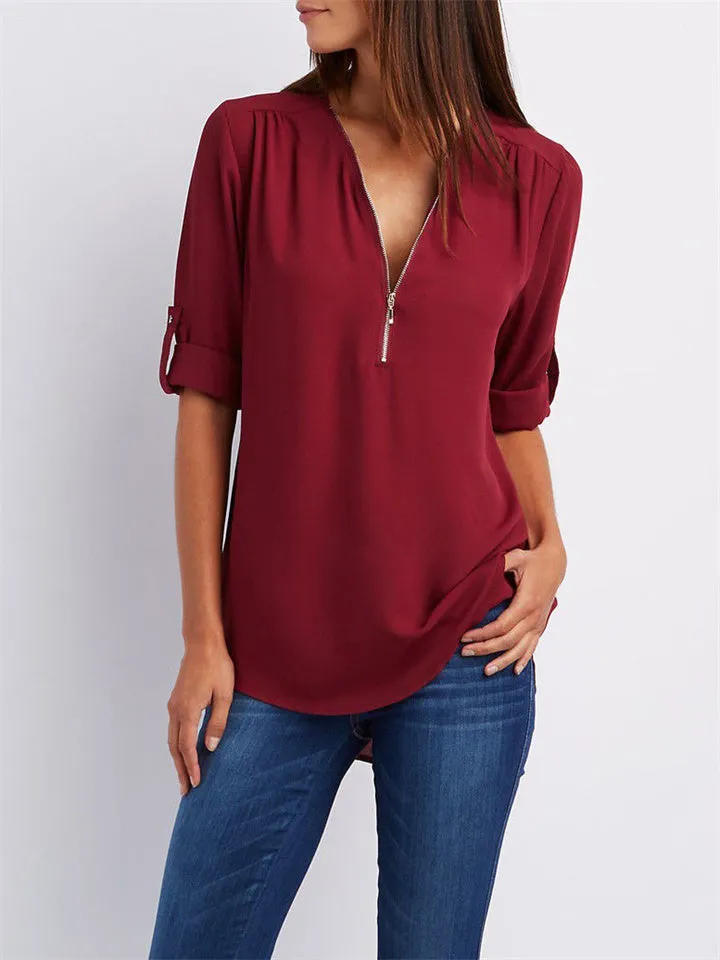 Women's V-neck Zipper Chiffon Shirts