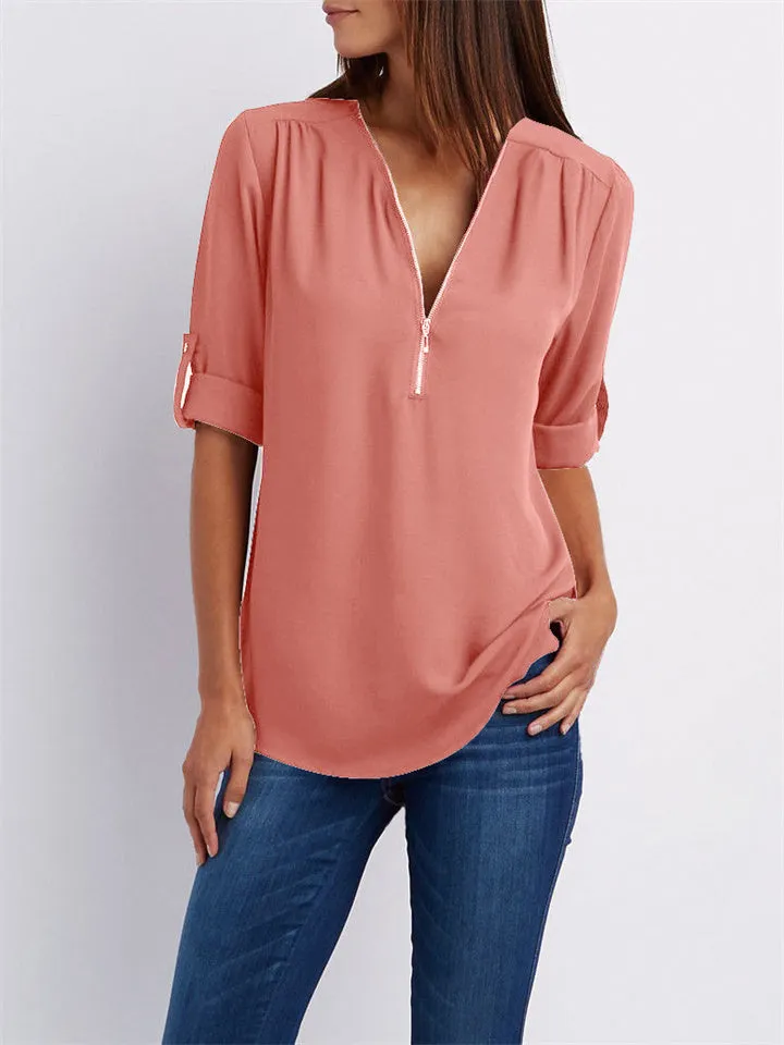 Women's V-neck Zipper Chiffon Shirts