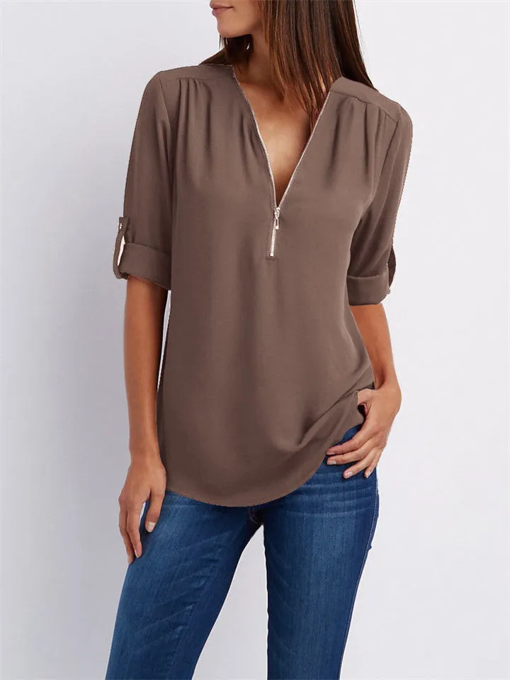 Women's V-neck Zipper Chiffon Shirts