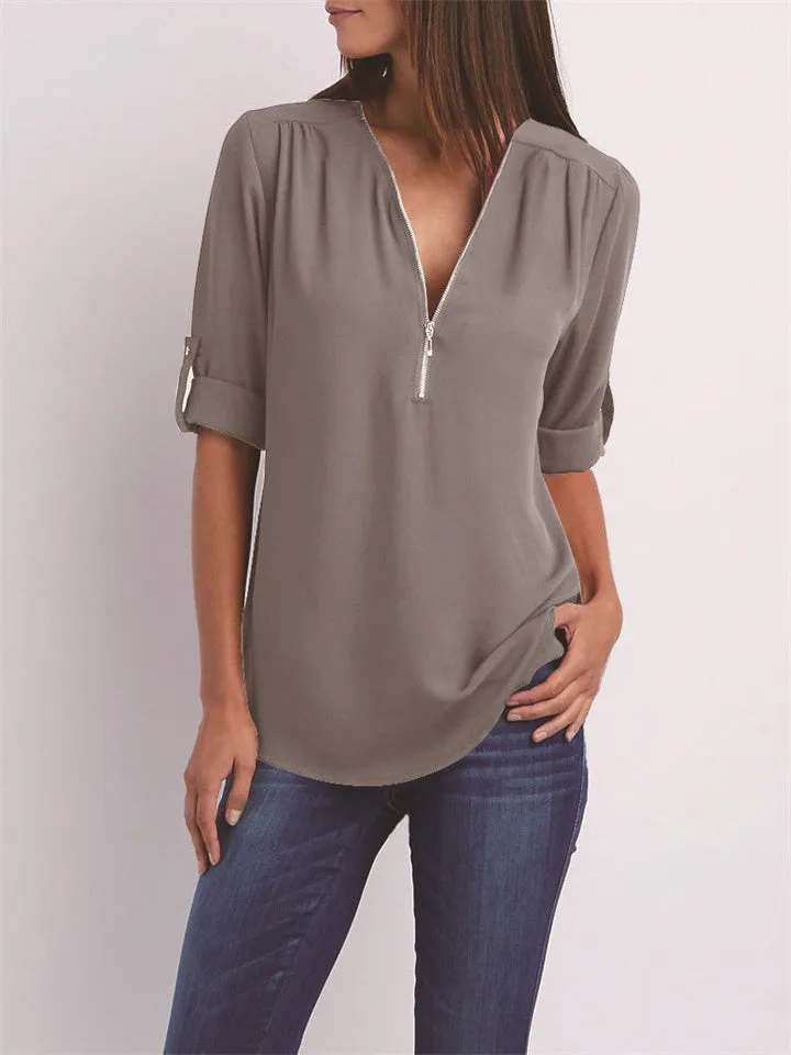 Women's V-neck Zipper Chiffon Shirts