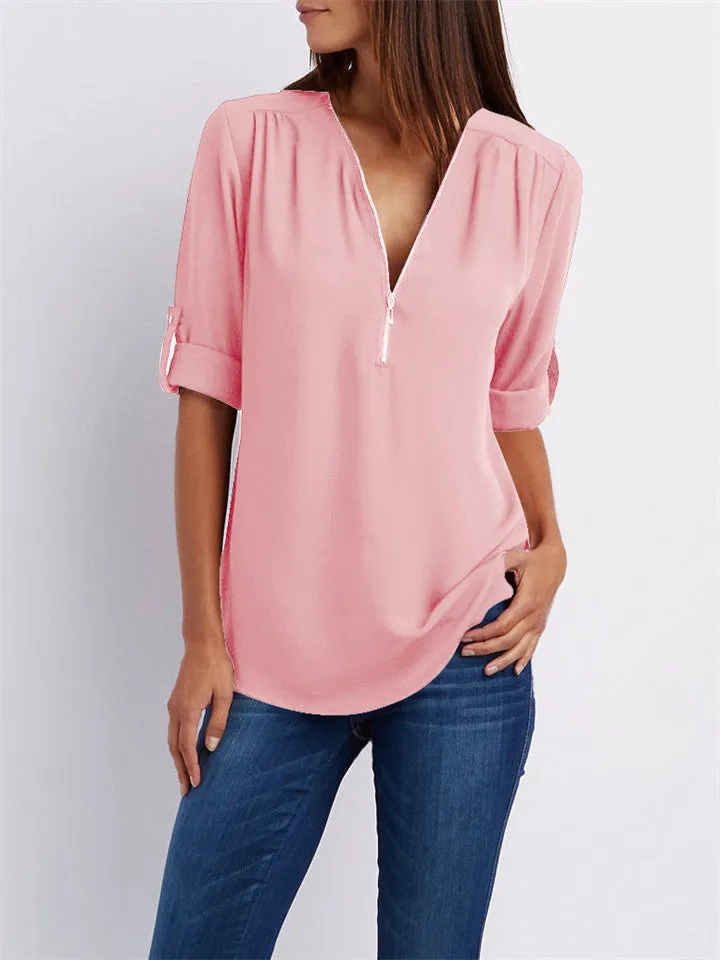 Women's V-neck Zipper Chiffon Shirts