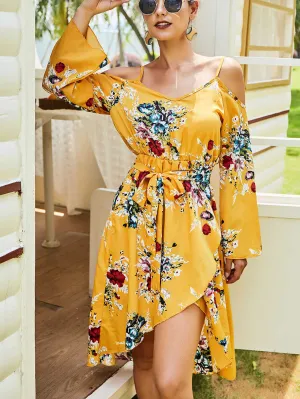 Women's Yellow Strapless Long-sleeved Skirt Autumn Dress Irregular Dress Women's Dress