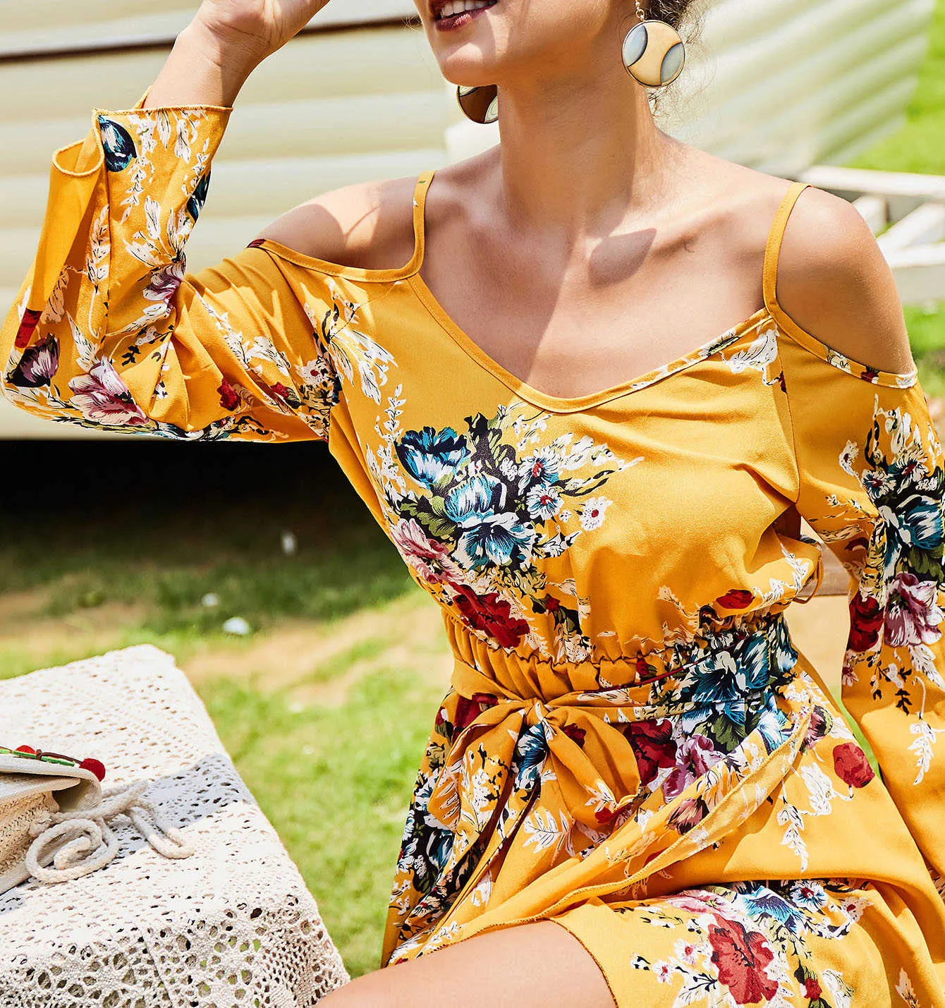 Women's Yellow Strapless Long-sleeved Skirt Autumn Dress Irregular Dress Women's Dress