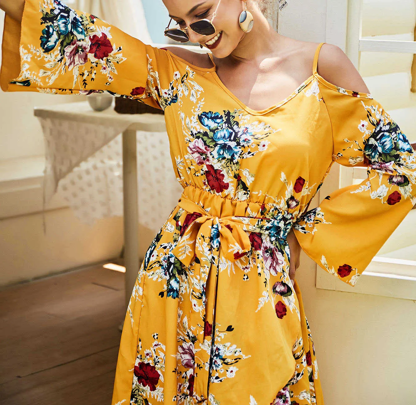 Women's Yellow Strapless Long-sleeved Skirt Autumn Dress Irregular Dress Women's Dress