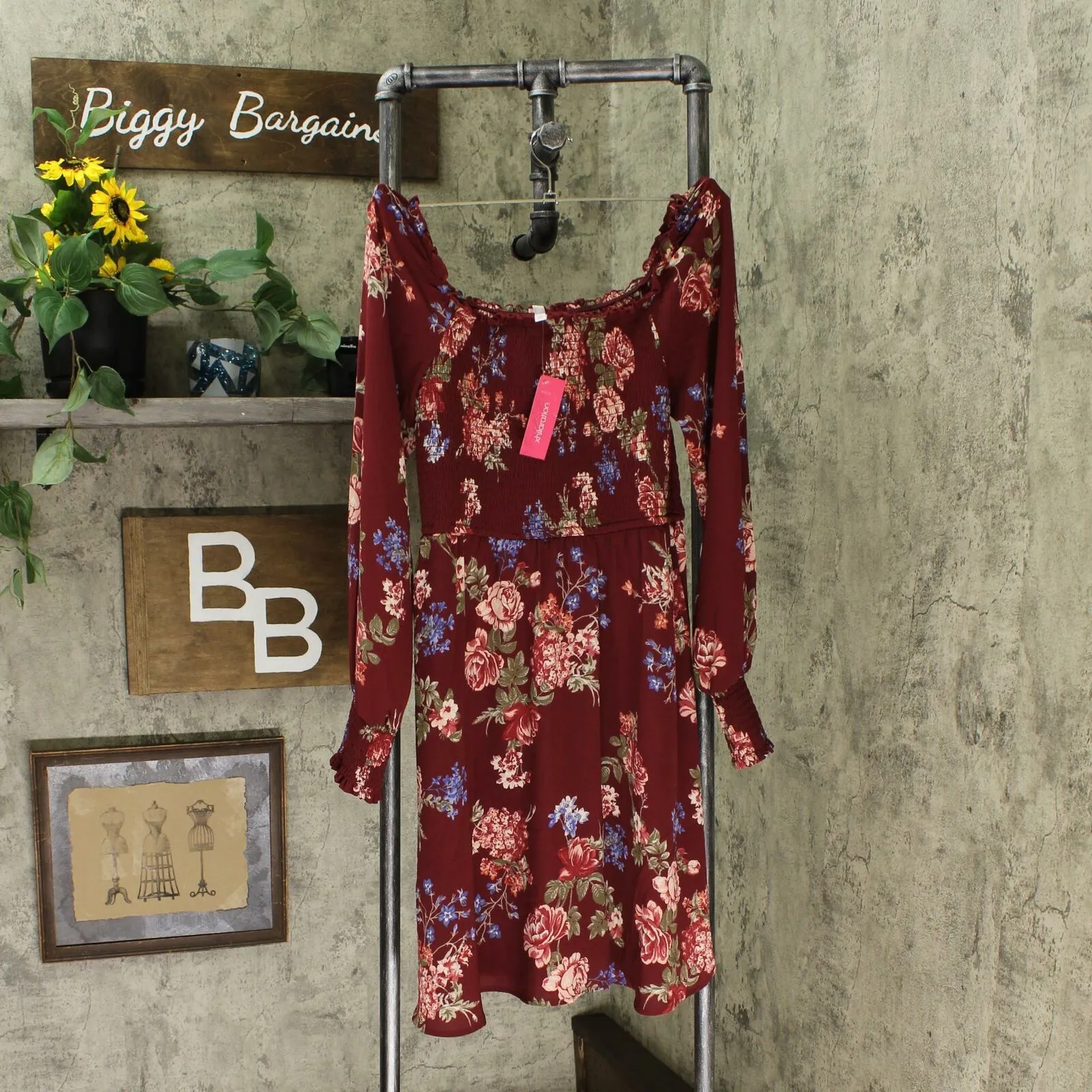 Xhilaration Women's Floral Print Long Sleeve Square Neck Smocked Top Mini Dress