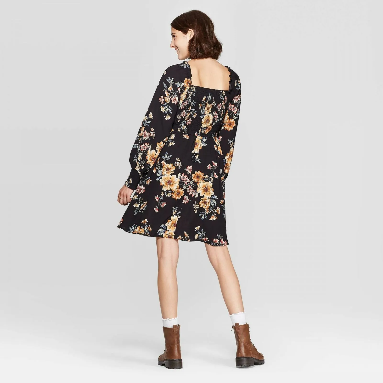Xhilaration Women's Floral Print Long Sleeve Square Neck Smocked Top Mini Dress