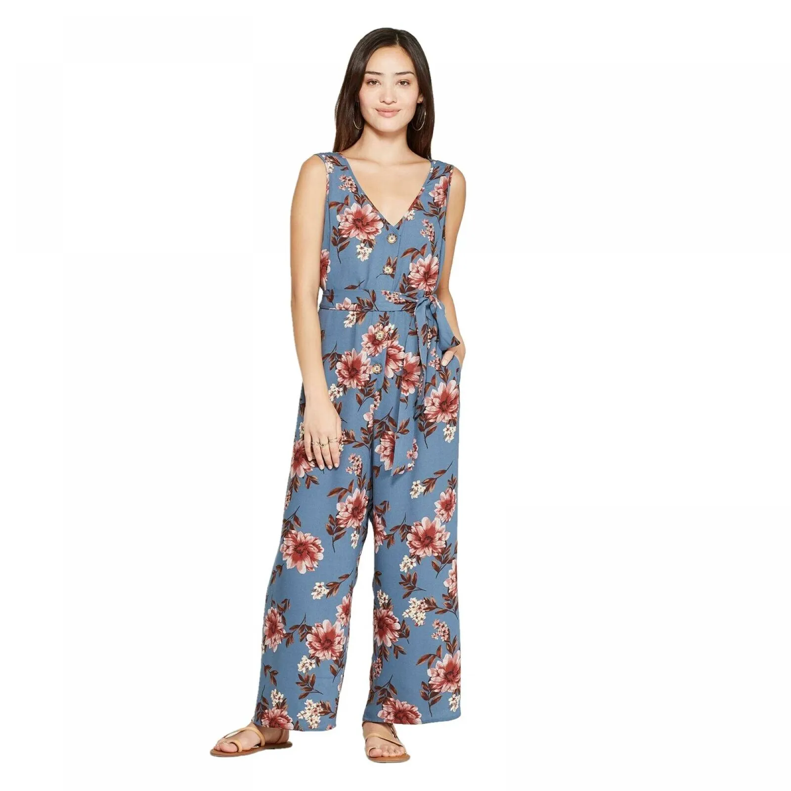 Xhilaration Women's Floral Print Sleeveless Deep V-Neck Jumpsuit
