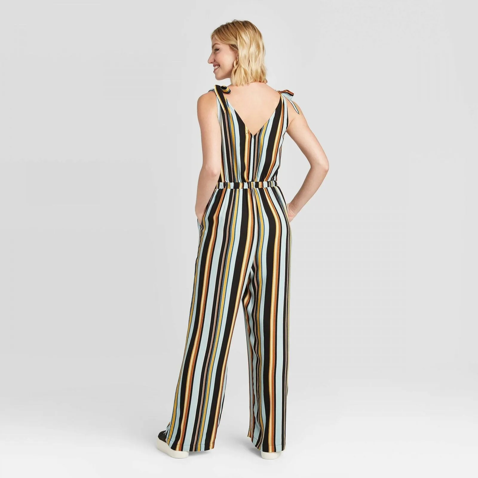 Xhilaration Women's Striped Sleeveless V Neck Button Front Jumpsuit
