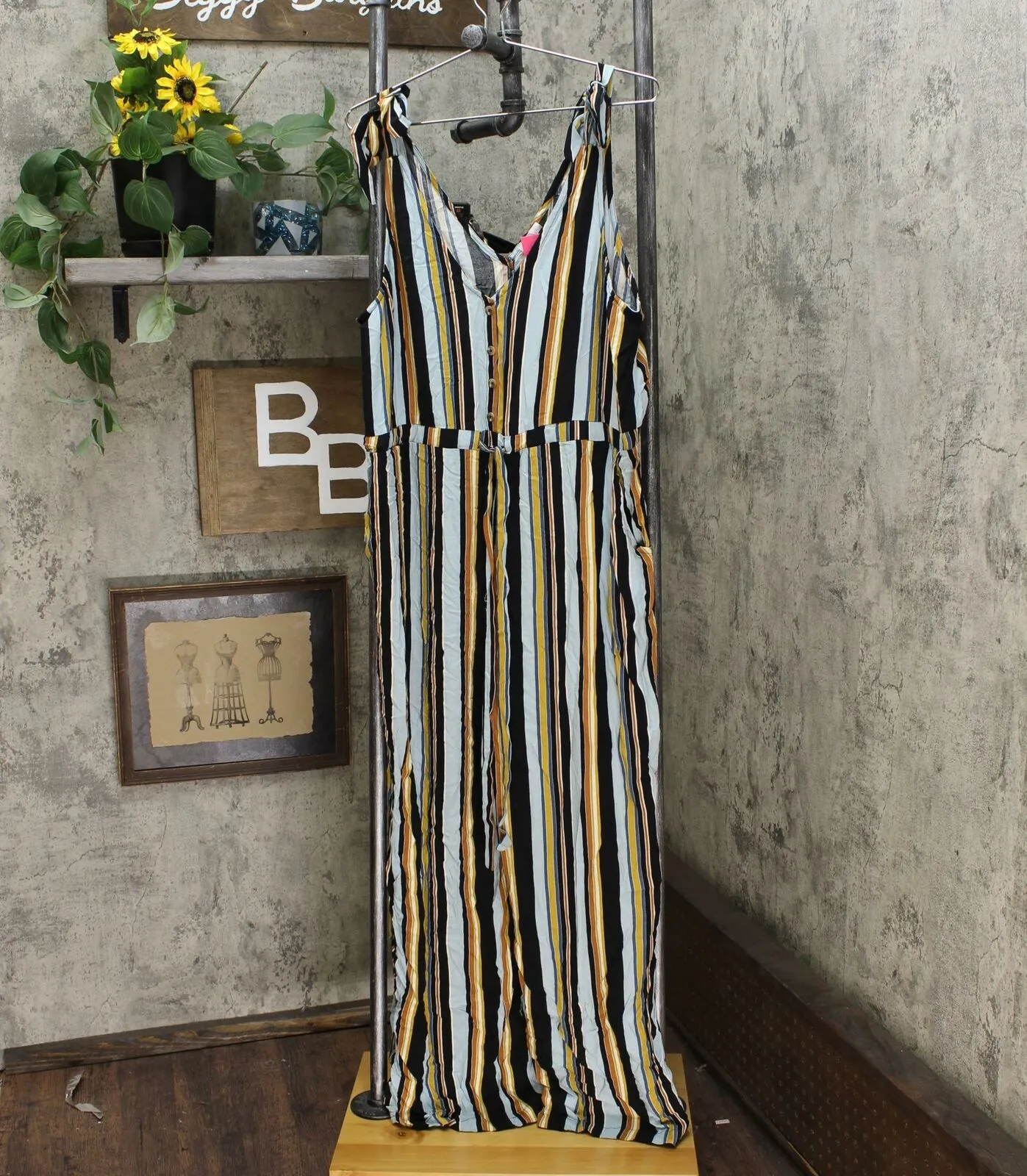 Xhilaration Women's Striped Sleeveless V Neck Button Front Jumpsuit