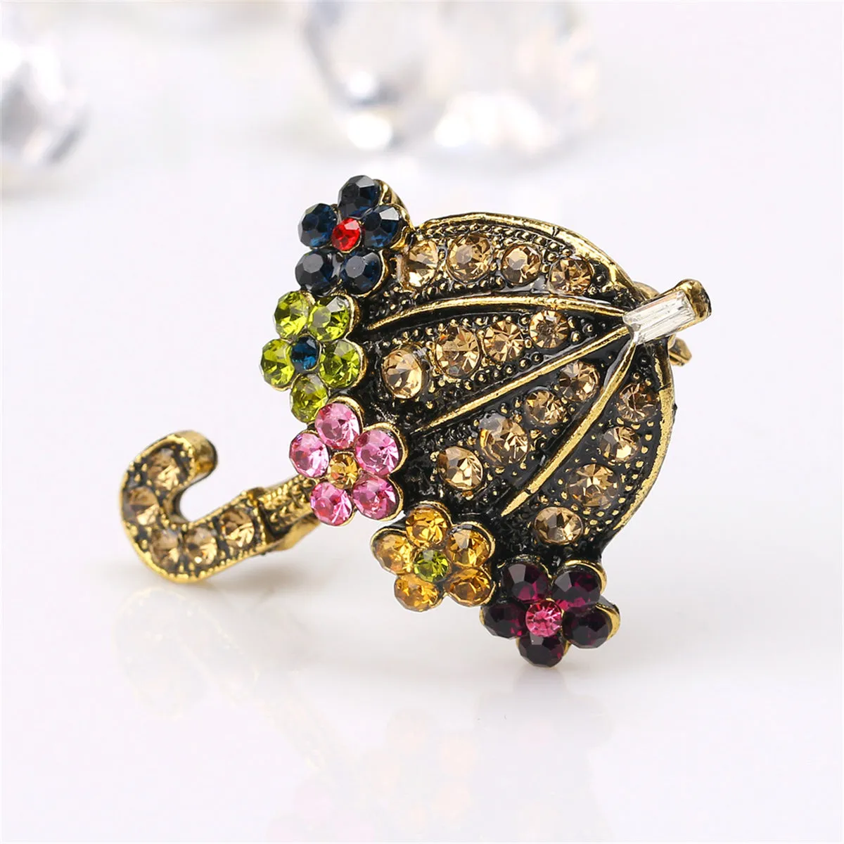 Yellow Cubic Zirconia & 18K Gold-Plated Flower Umbrella Brooch