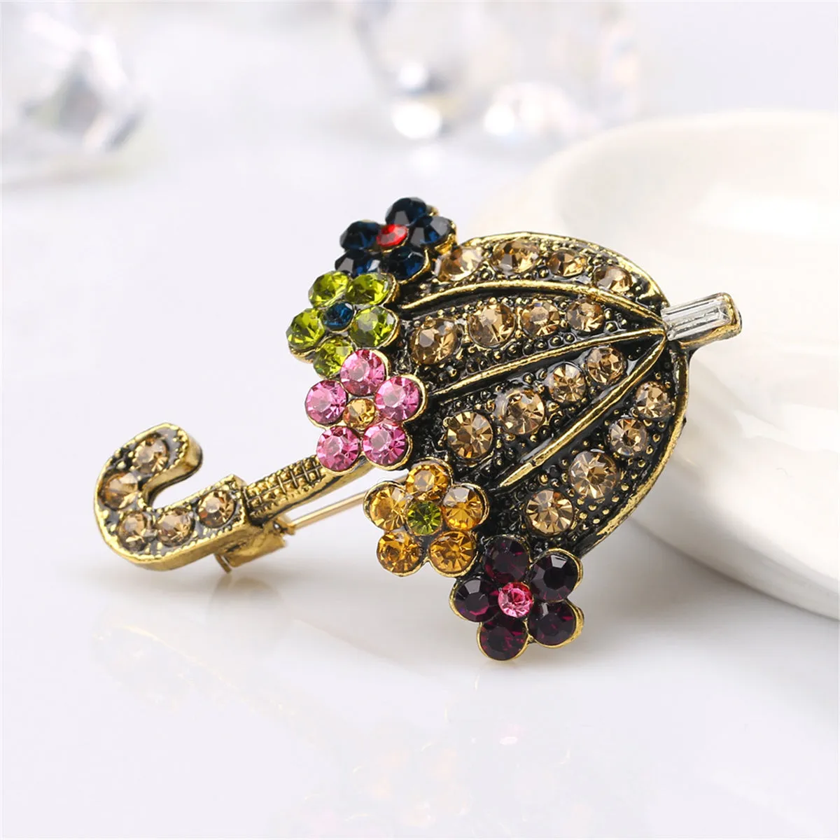 Yellow Cubic Zirconia & 18K Gold-Plated Flower Umbrella Brooch