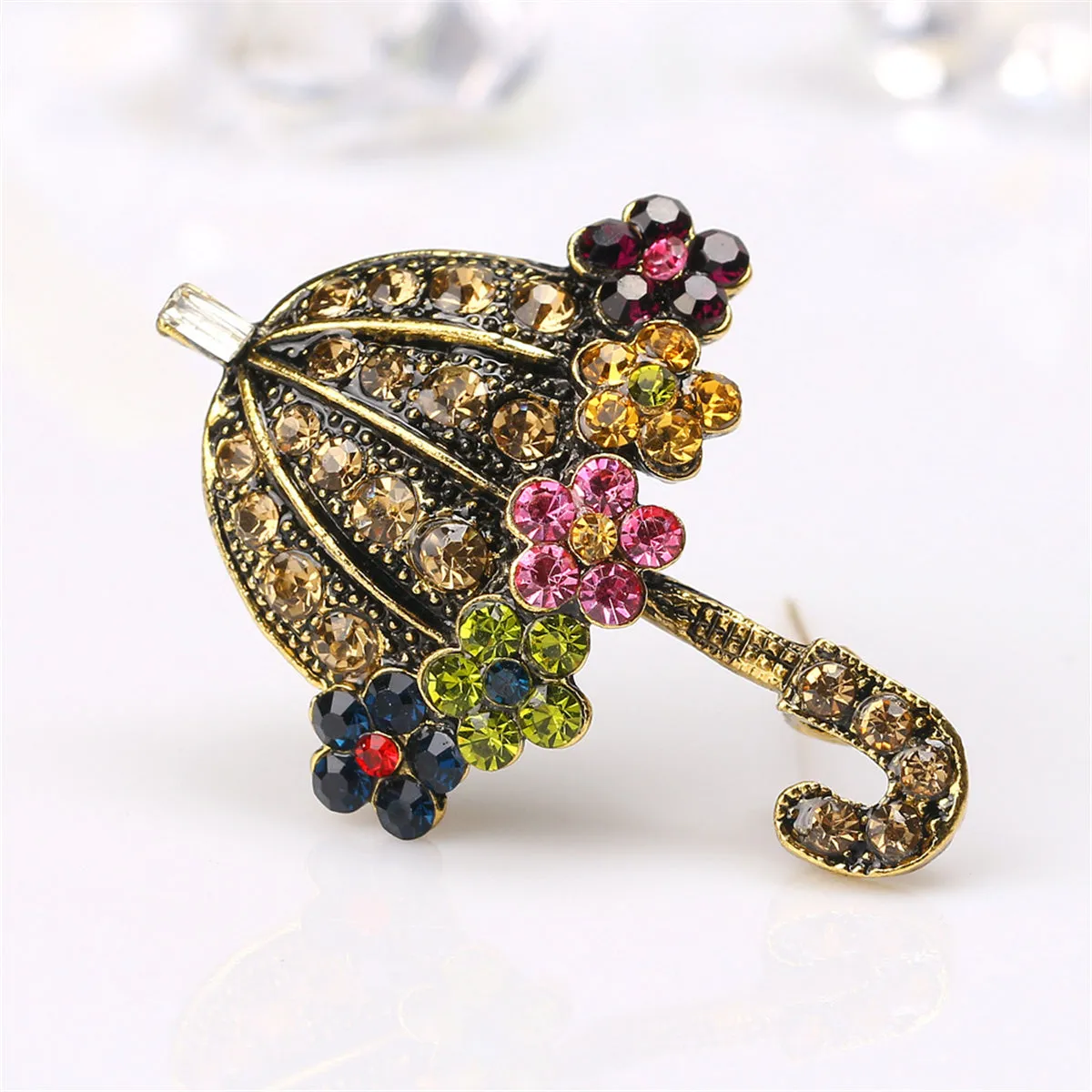 Yellow Cubic Zirconia & 18K Gold-Plated Flower Umbrella Brooch