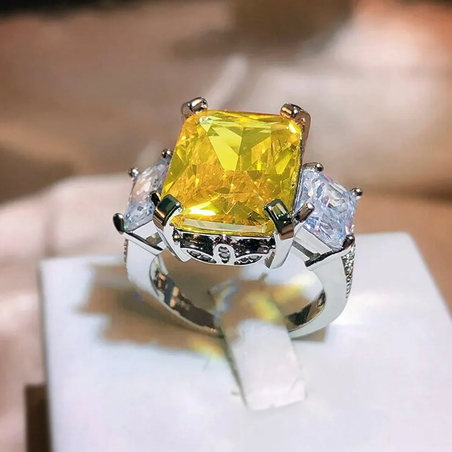 Yellow Diamond Ring | Womens Ring | Emerald Diamond Ring | Emerald Engagement Ring |  Baguette Ring | Womens Engagement Ring | Cushion Ring