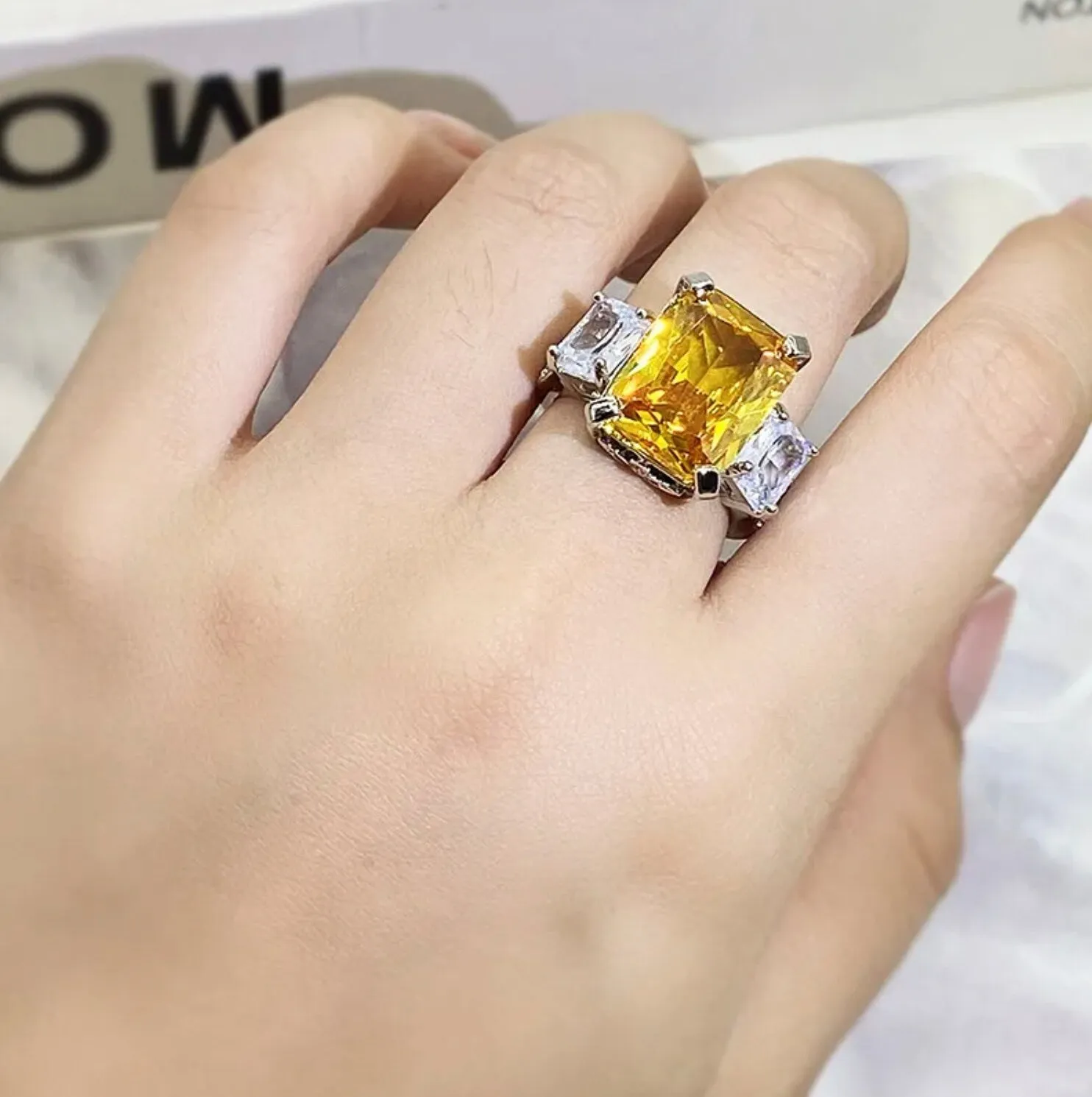 Yellow Diamond Ring | Womens Ring | Emerald Diamond Ring | Emerald Engagement Ring |  Baguette Ring | Womens Engagement Ring | Cushion Ring