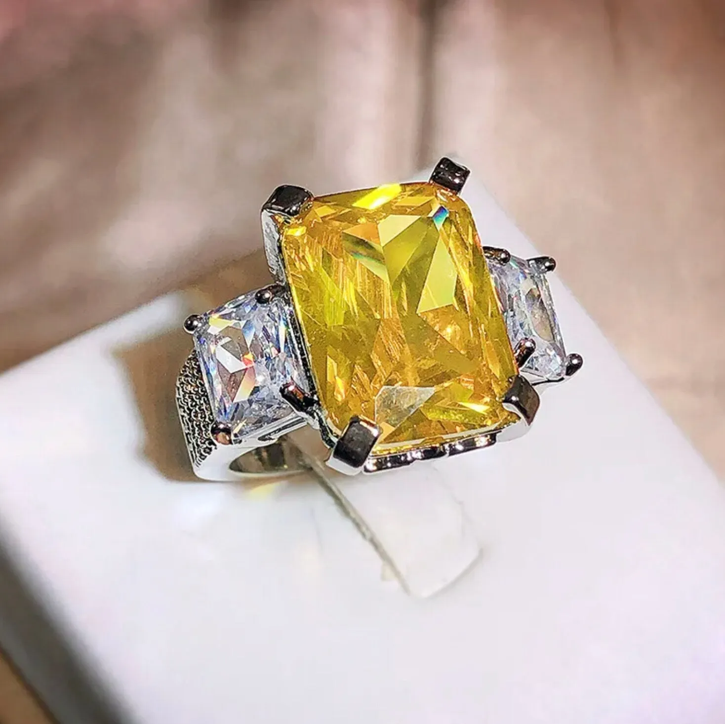 Yellow Diamond Ring | Womens Ring | Emerald Diamond Ring | Emerald Engagement Ring |  Baguette Ring | Womens Engagement Ring | Cushion Ring