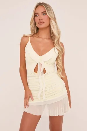 Yellow Mesh Frill Hem Bodycon Mini Dress - Priscilla