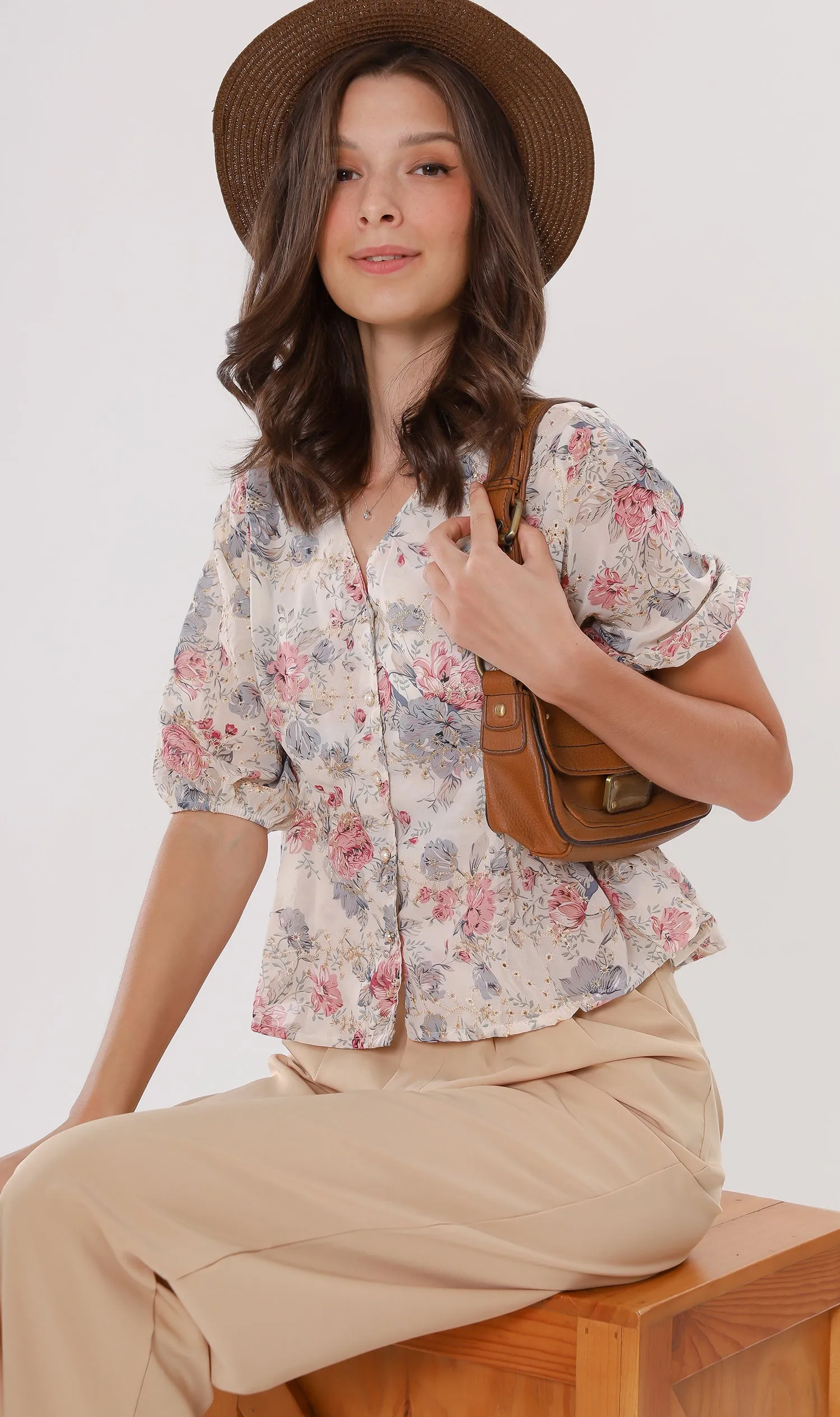 YNA Button-Down Embroidered Chiffon Top (Cream)