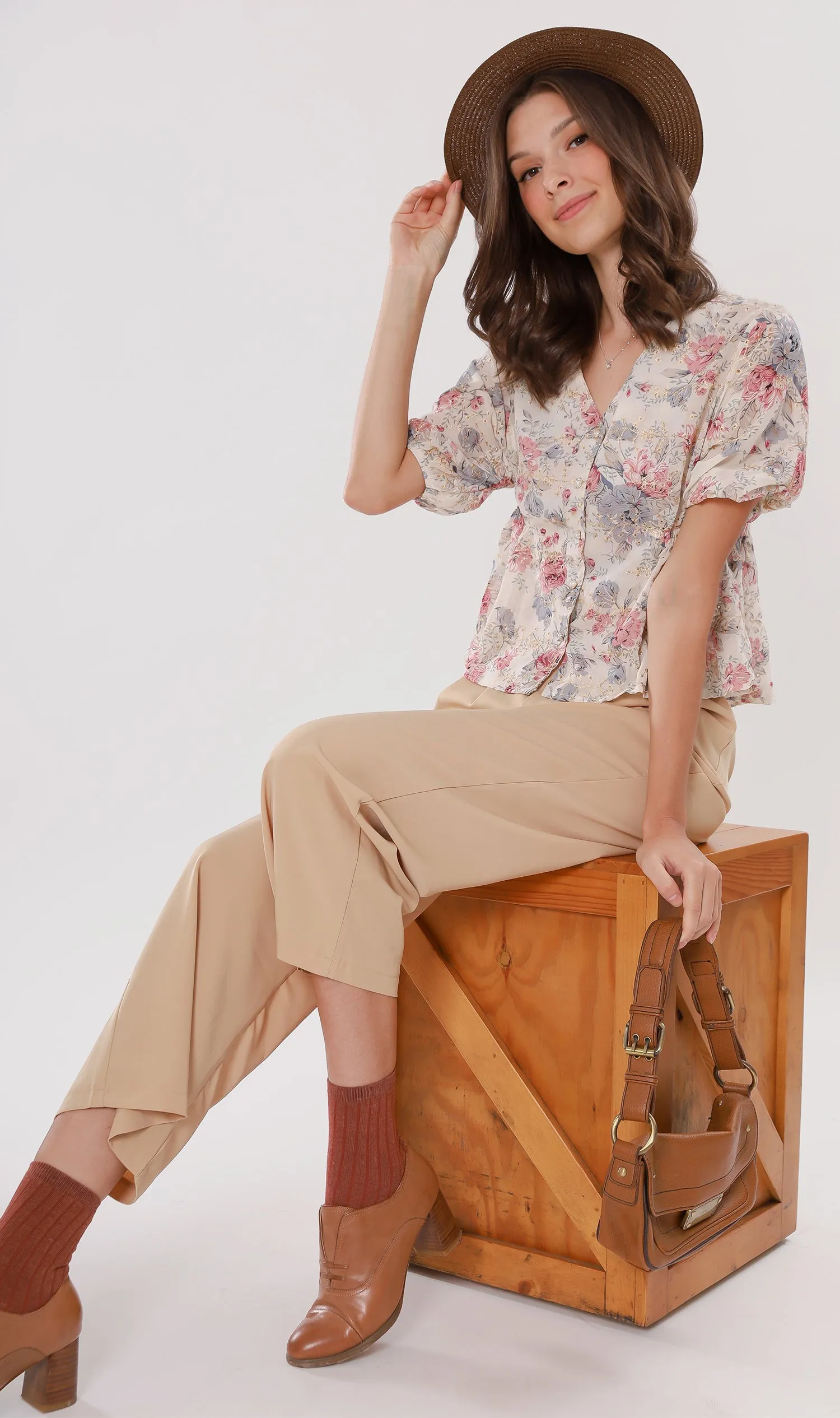 YNA Button-Down Embroidered Chiffon Top (Cream)