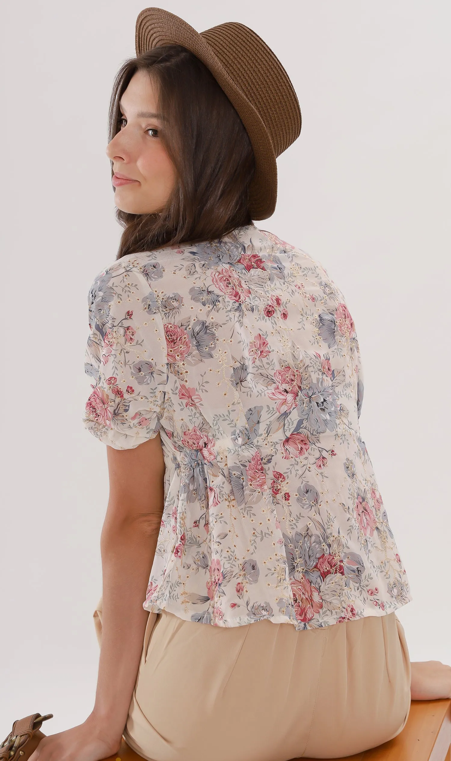 YNA Button-Down Embroidered Chiffon Top (Cream)