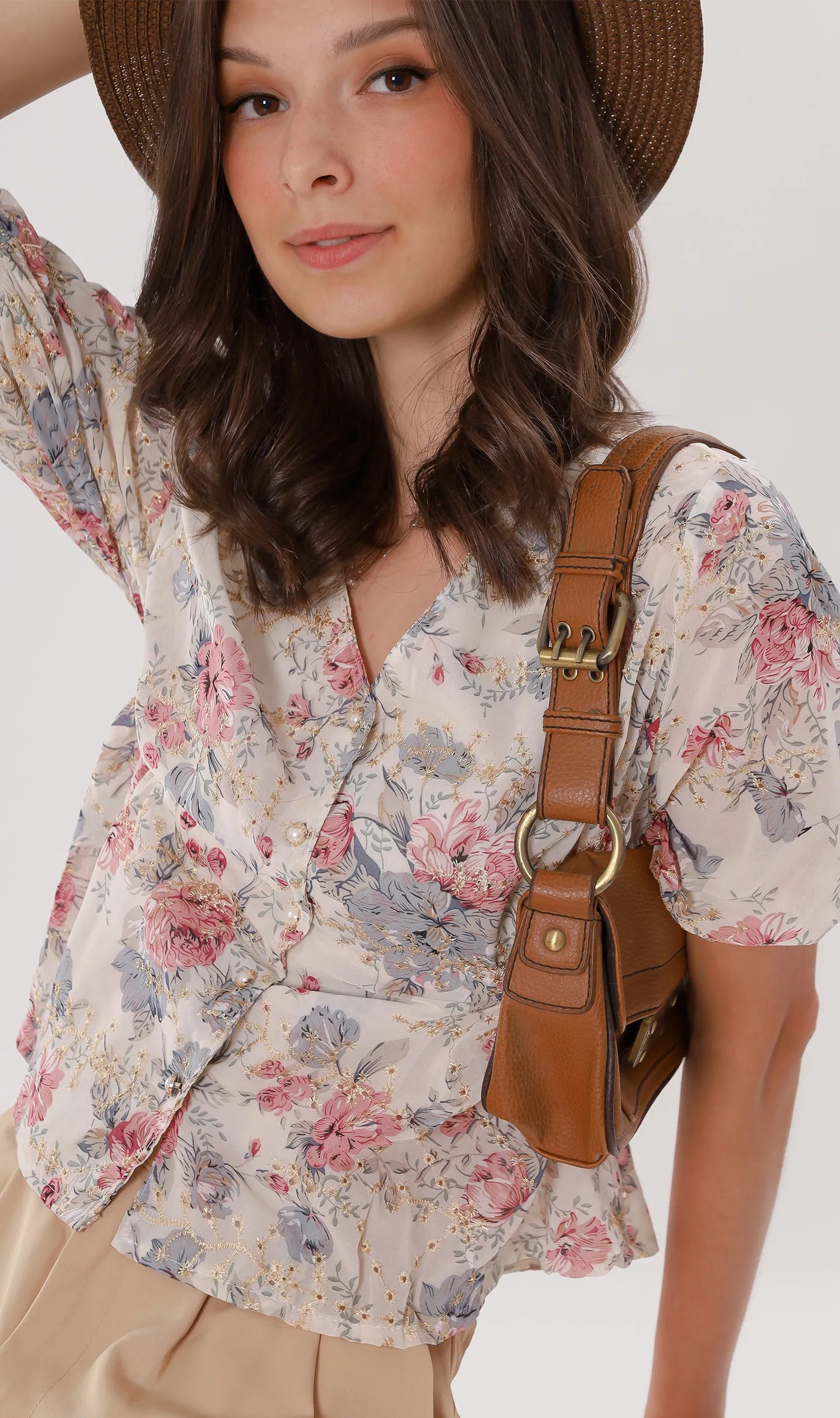 YNA Button-Down Embroidered Chiffon Top (Cream)