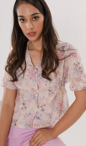 YNA Button-Down Embroidered Chiffon Top (Peach)