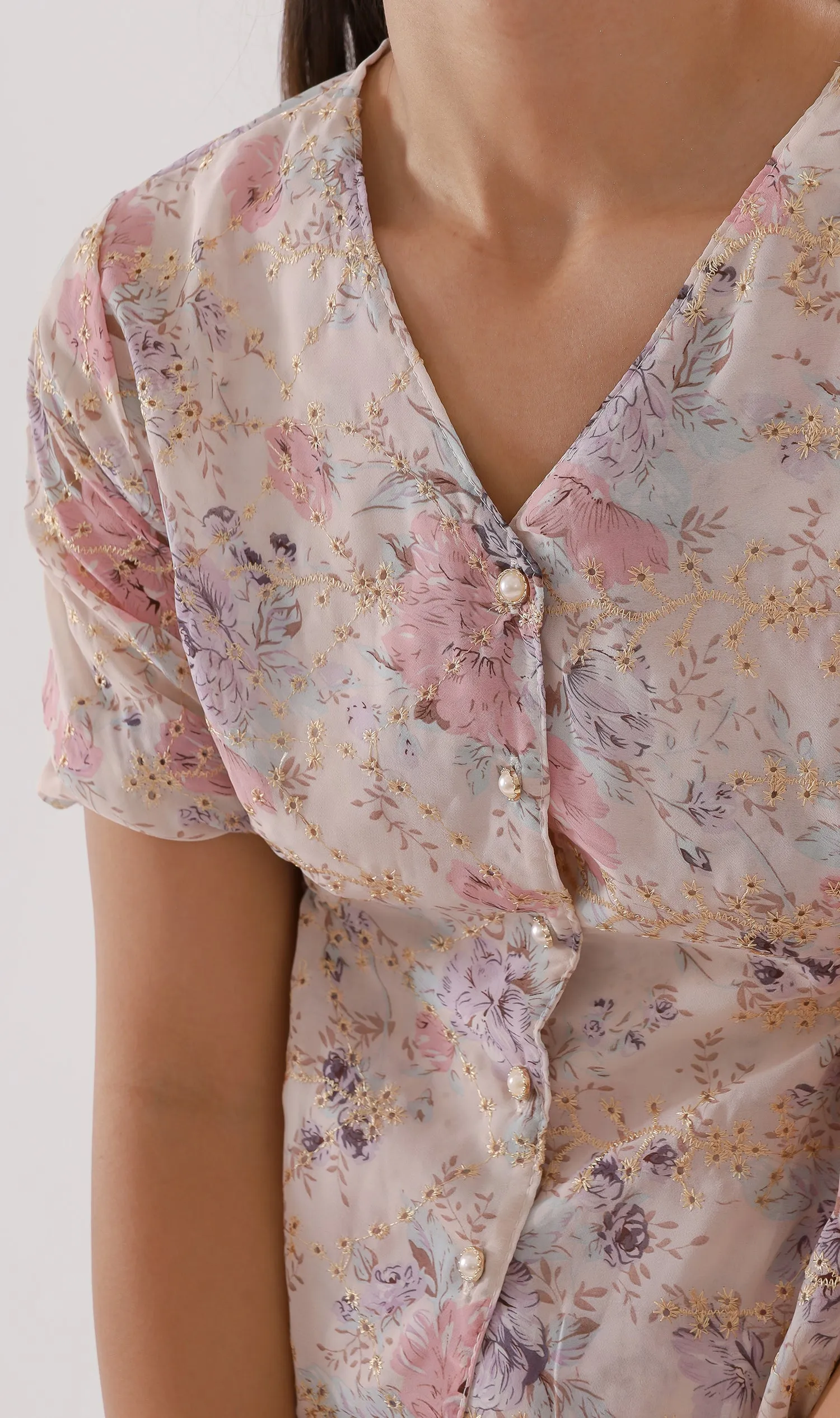 YNA Button-Down Embroidered Chiffon Top (Peach)