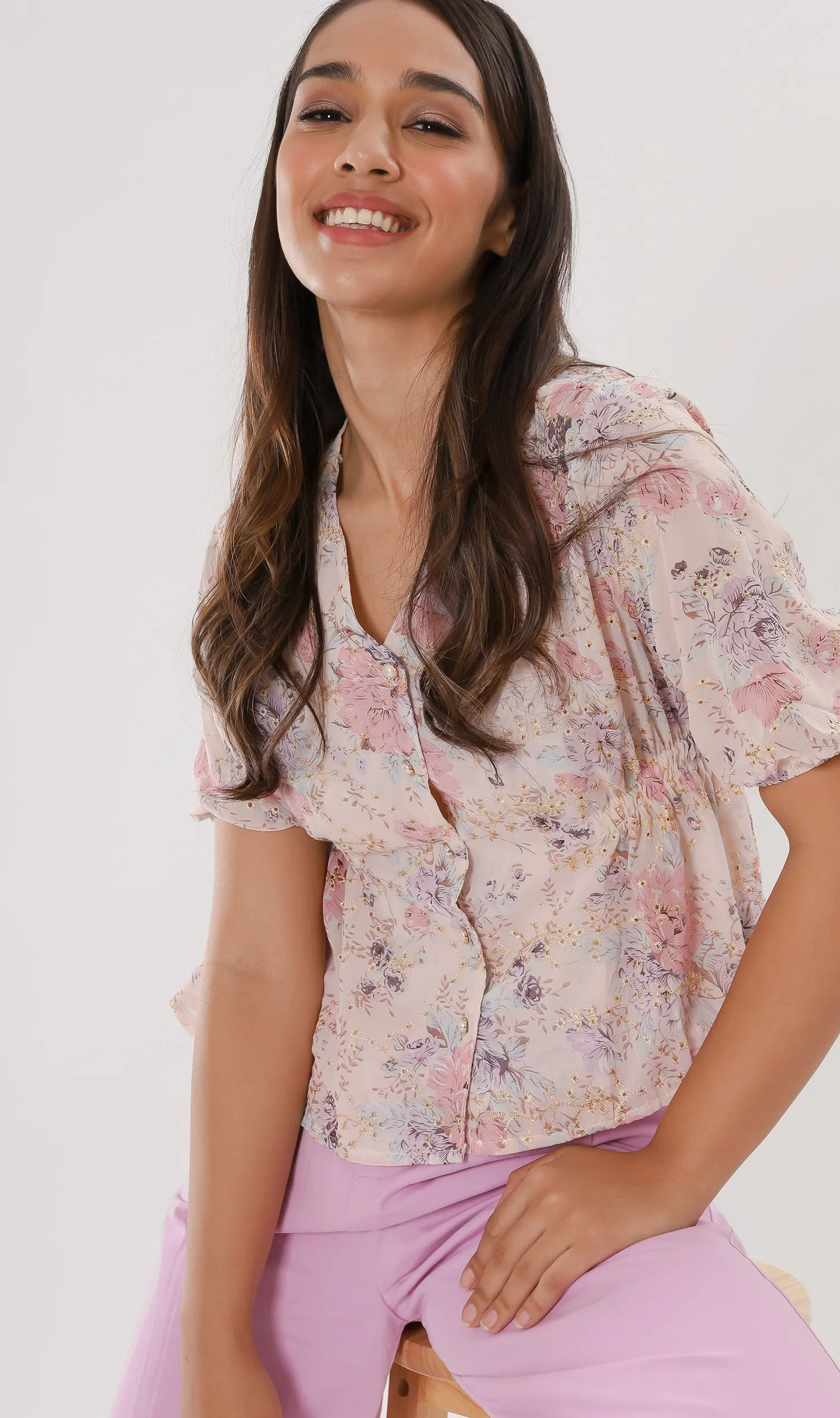 YNA Button-Down Embroidered Chiffon Top (Peach)