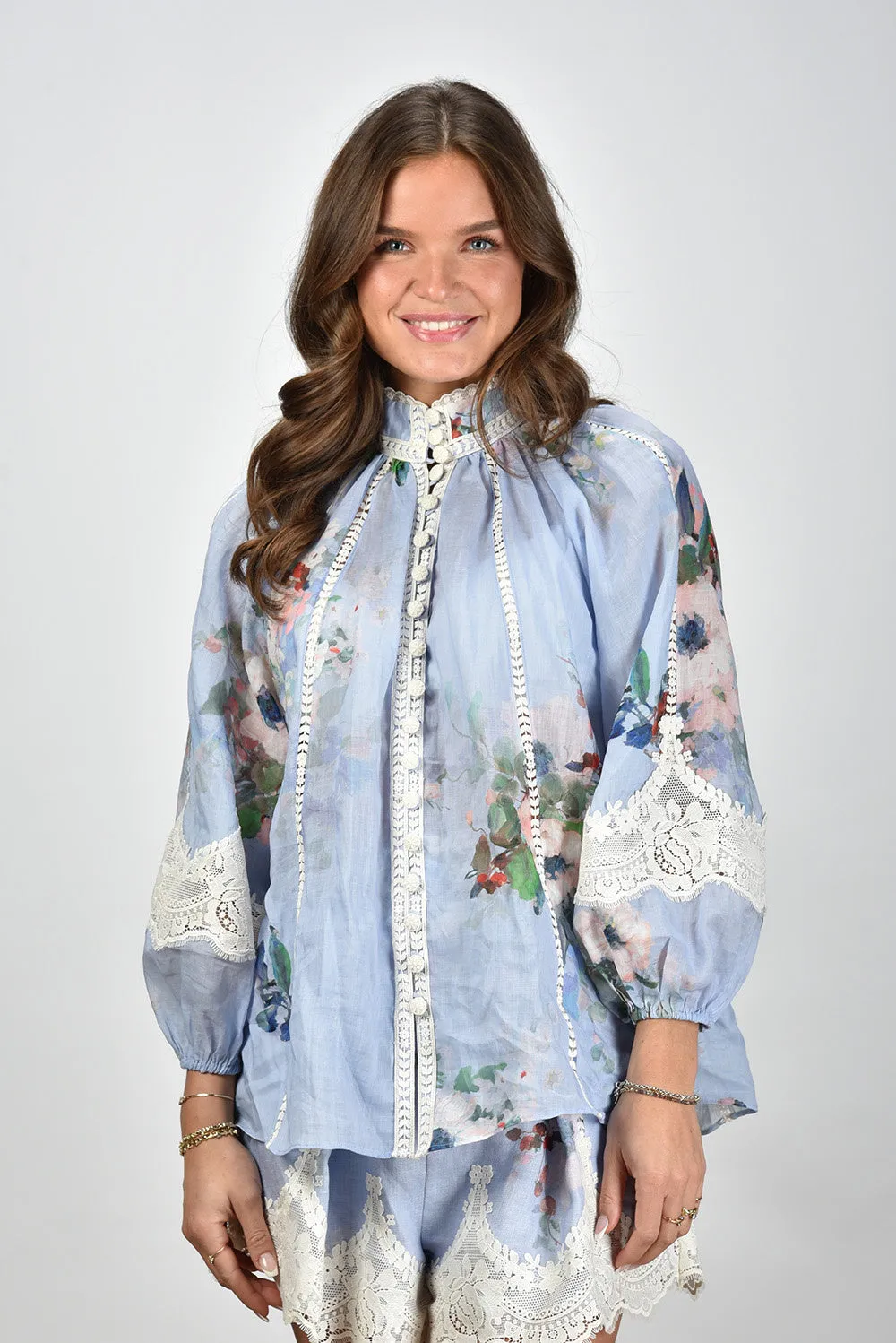 Zimmermann blouse Everley Lace Trim 1802TRS255 light blue watercolour floral